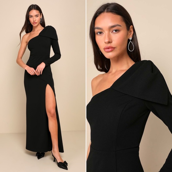 Lulus Dresses & Skirts - NWOT | Lulus | Sophisticated Poise Black Bow One-Shoulder Maxi Dress | Sz S